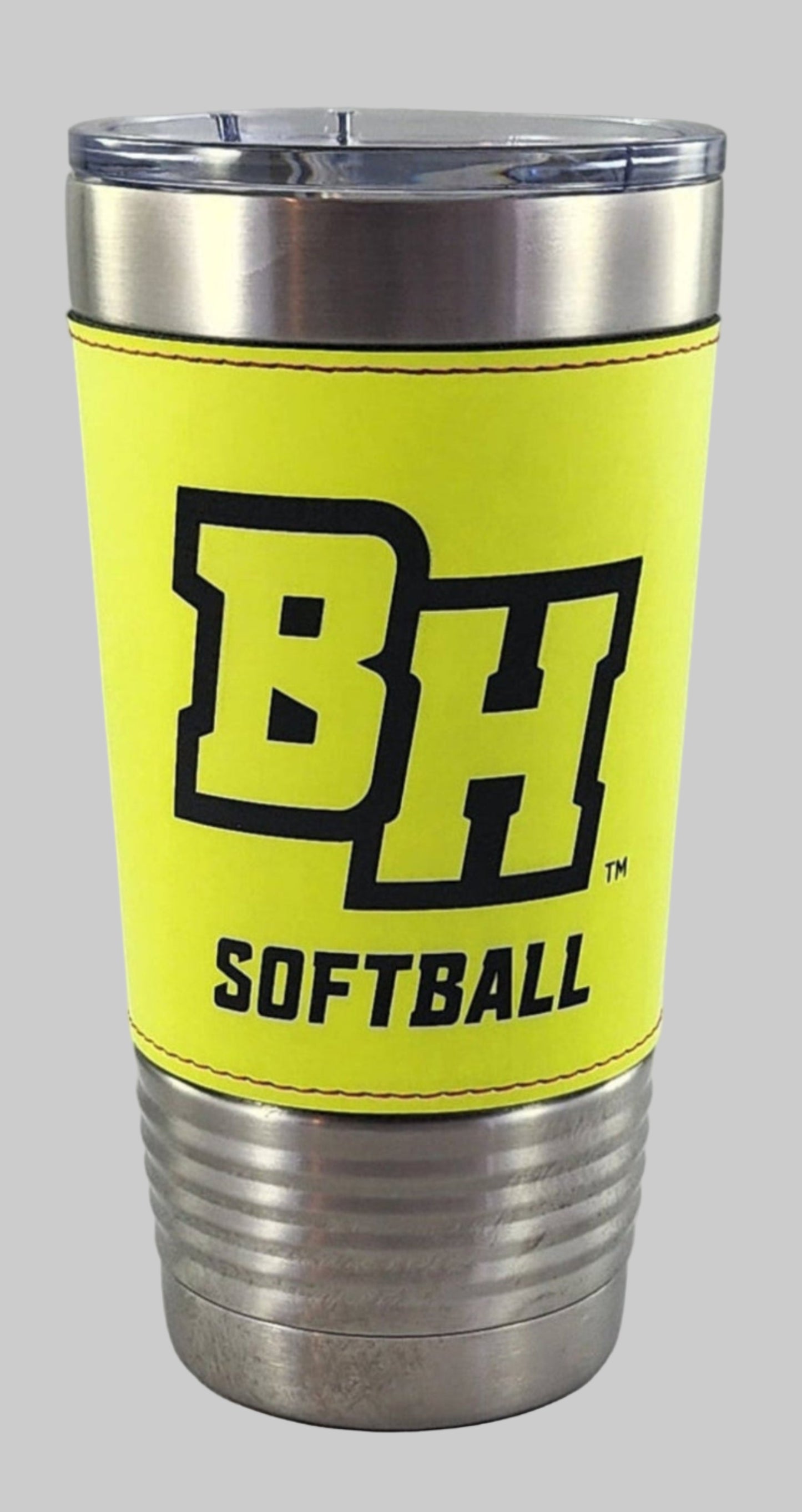 Yellow tumbler with 'BH Softball' logo on a gray background
